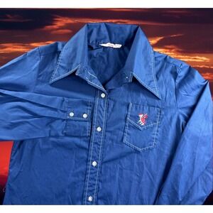 Donnkenny Blouse Women Large Vintage 70s Blue Western Cowgirl‎ Turtle Logo Rare